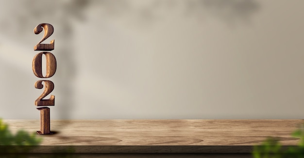 2021 Frohes Neues Jahr Holz Nummer (3D-Rendering) auf Holztisch Hintergrund mit Sonnenlicht Fenster