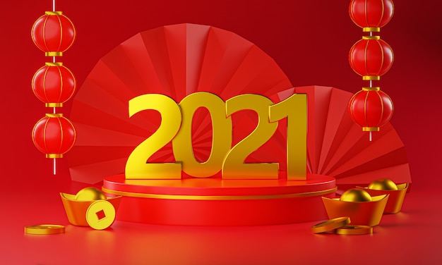 2021 Gold Chinesisches Neujahr. Gold Podium, Laterne und Chinese Gold Coin Ingot 3D Rendering