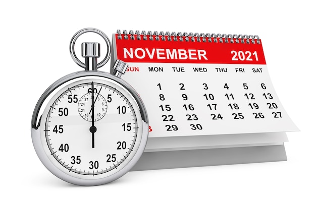 2021-Jahr-November-Kalender mit Stoppuhr auf weißem Hintergrund. 3D-Rendering