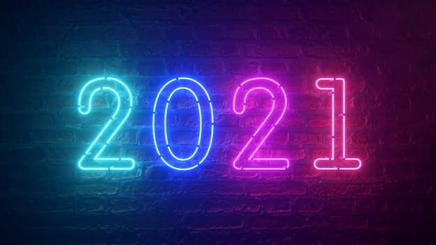 2021 Leuchtreklame Hintergrund Neujahrskonzept. Frohes neues Jahr. Backsteinhintergrund. Modernes ultraviolettblaues lila Neonlicht. Flackerndes Licht.