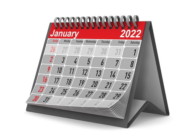 2022 año. Calendario de enero. Ilustración 3D aislada