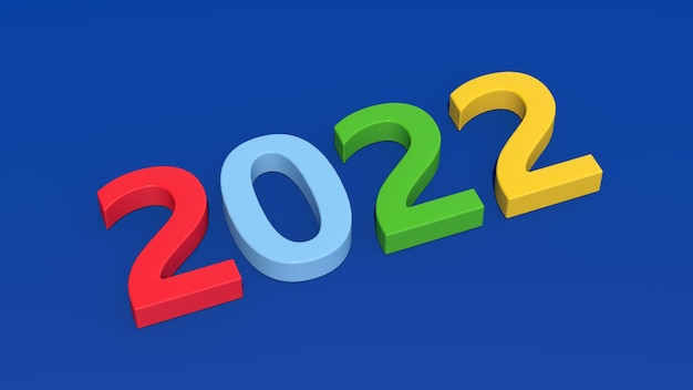 2022, bunte Zahlen. Blauer Hintergrund. Abstrakte Abbildung, 3d übertragen.