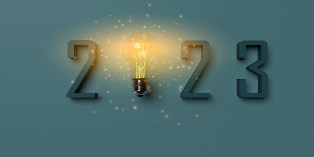 2022 comenzar 2023 comienzo feliz año nuevo lámpara bombilla creativo idea visión candente eléctrico tecnologías energía potencia símbolos ornato negocio estrategia planificación gol pensamiento crecimiento genio