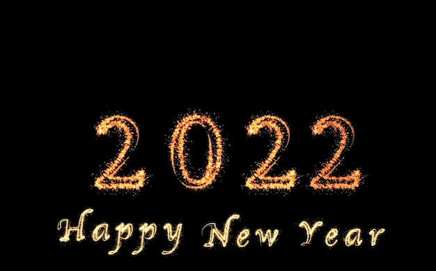 2022 e feliz ano novo escrito com brilho de fogos de artifício em fundo escuro,