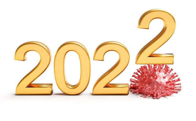 2022 é o ano do coronavírus. Dígito 2022 com vírus. Renderização 3d
