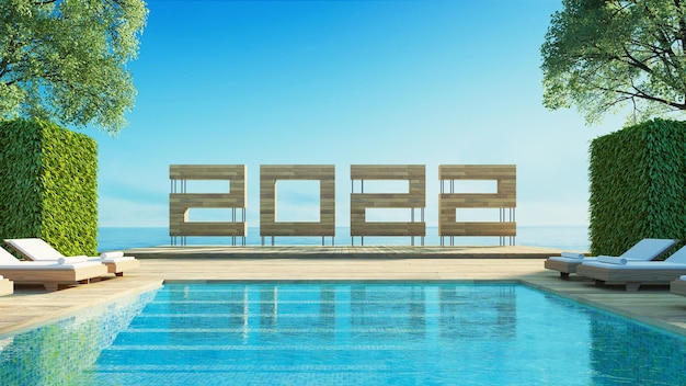 2022 Feliz Ano Novo Pool Villa Vista Mar Renderização 3D