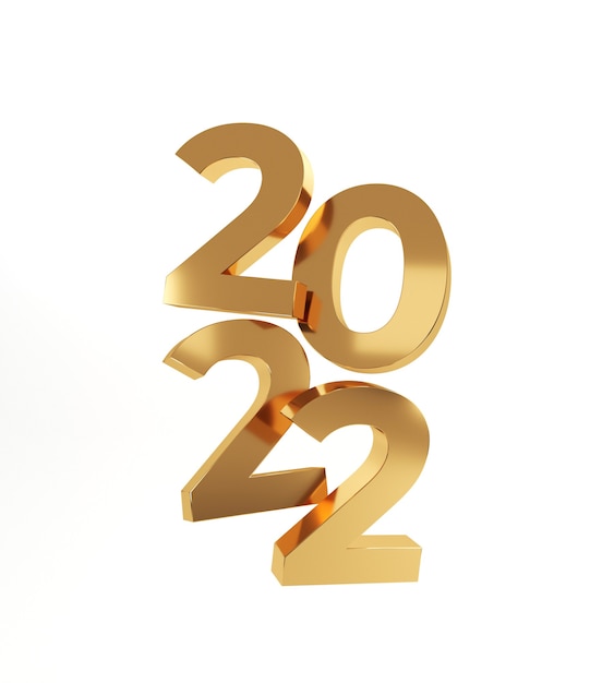 2022 Feliz año nuevo. Números de oro, ilustración de render 3d.