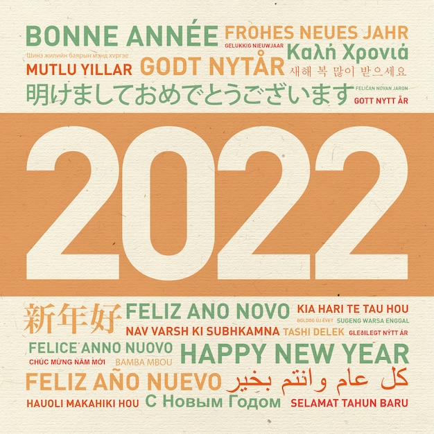 2022 Frohes neues Jahr Vintage-Karte aus der Welt in verschiedenen Sprachen