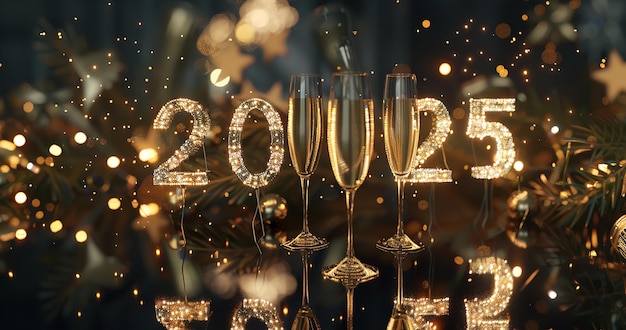 2022 - Gafas de Cabernet y fuegos artificiales en una composición de año nuevo Ilustración 3D IA generativa
