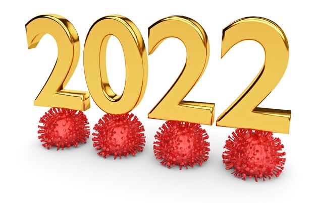 2022 ist das Jahr des Coronavirus. Ziffer 2022 mit Viren. 3D-Rendering