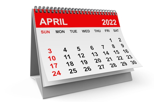 2022 Jahr April Kalender auf weißem Hintergrund 3D-Rendering