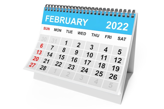 2022-Jahr-Februar-Kalender auf weißem Hintergrund. 3D-Rendering