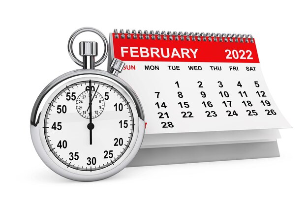 2022-Jahr-Februar-Kalender mit Stoppuhr auf weißem Hintergrund. 3D-Rendering