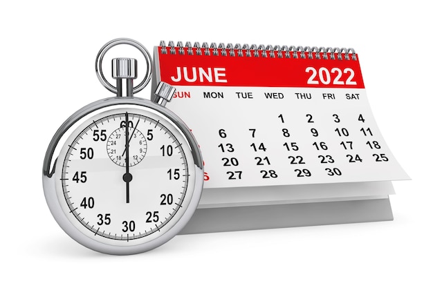 2022 Jahr Juni Kalender mit Stoppuhr auf weißem Hintergrund 3D-Rendering