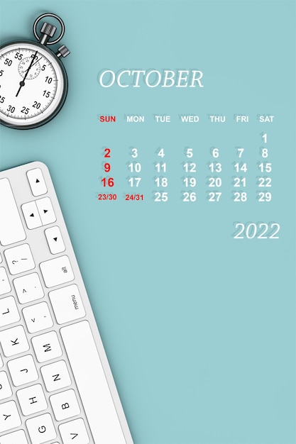 2022 Jahreskalender Oktober Kalender 3D-Rendering