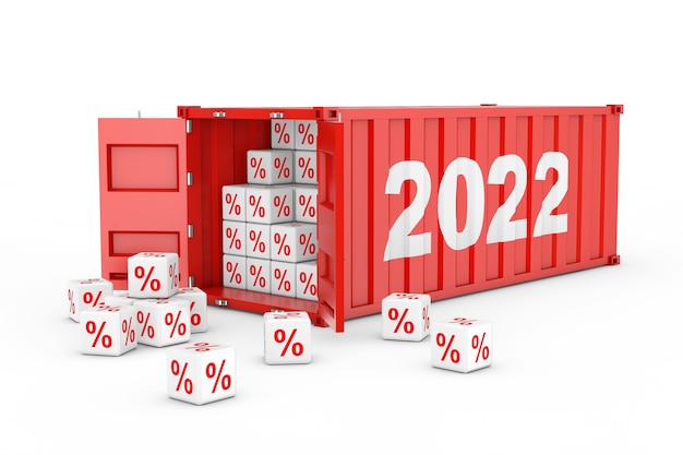 2022 New Year Red Cargo Shipping Container mit Rabatt-Prozentwürfel auf weißem Hintergrund. 3D-Rendering