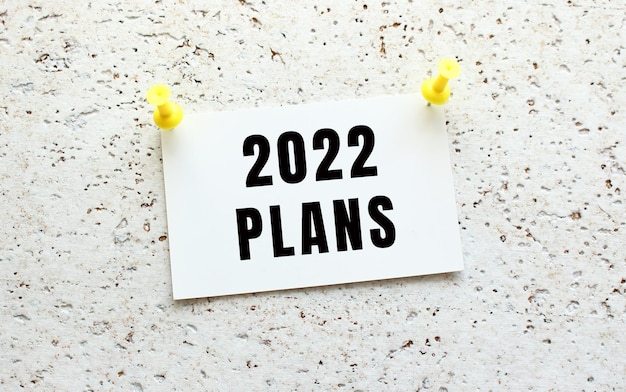 2022 PLANS está escrito em um cartão anexado a uma parede texturizada branca com um botão Lembrete do Office