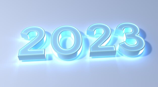 2023 ano novo efeito neon de cor azul na renderização de ilustração 3d de fundo branco. feliz Ano Novo