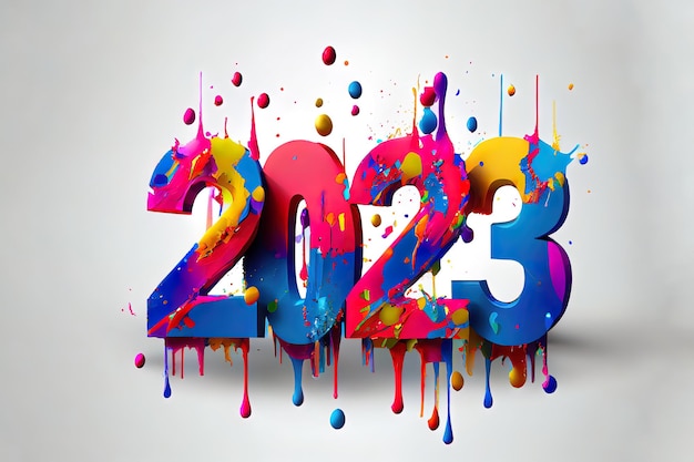 2023 Banner de celebración de Feliz Año Nuevo con coloridos números 3D hechos de salpicaduras de pintura en blanco