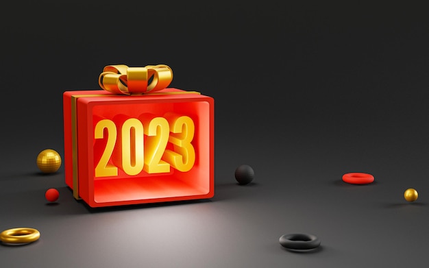 2023 dentro de la caja de regalo roja con cinta dorada y lazo sobre fondo negro para la preparación feliz Navidad y feliz año nuevo por 3d render