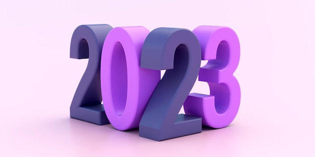 2023 Feliz año nuevo Color azul dígito 2 dígitos morados claros 0 3 sobre fondo rosa claro 3d render