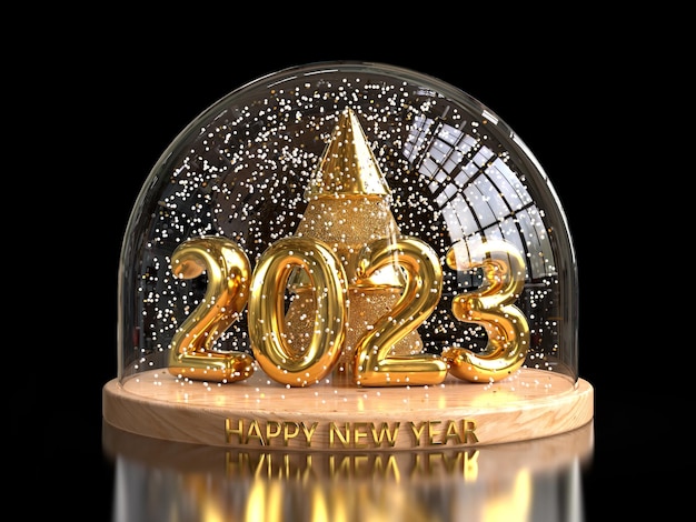 2023 Feliz año nuevo concepto Árbol de Navidad y golden numer 2023 dentro del globo de nieve 3d render ilustración