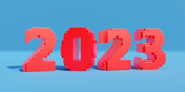 2023 Feliz Año Nuevo Voxel Art rojo 2023 con sombra sobre fondo azul