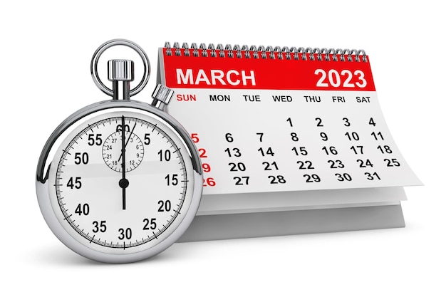 2023 Jahr März Kalender mit Stoppuhr 3D-Rendering