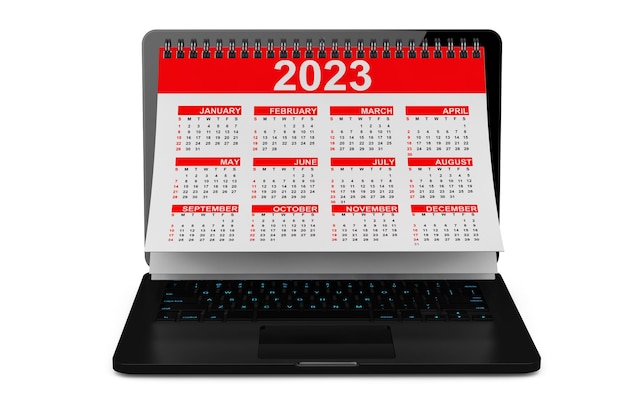 2023 Jahreskalender über Laptop-Bildschirm 3D-Rendering