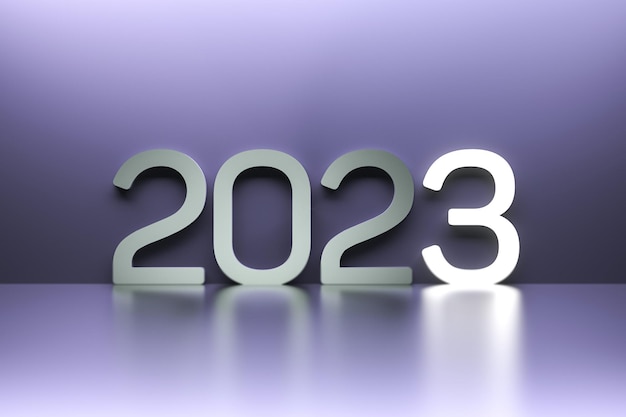 2023-Konzept 2023-Kalenderjahr-Wechsel-Konzept-BannerNeon leuchtendes 2023 metallisches 3D-Rendering