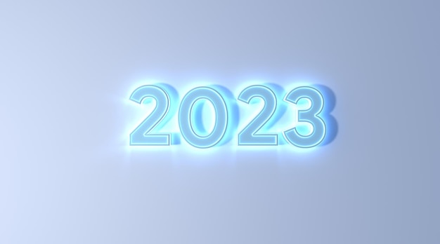 2023 neujahr blaue farbe neoneffekt auf weißem hintergrund 3d illustration rendering. Frohes neues Jahr