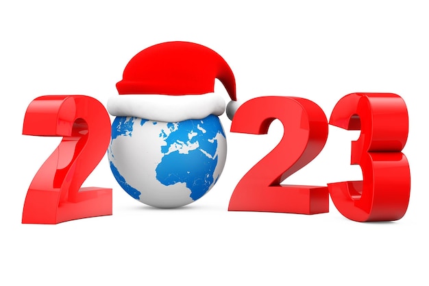 2023 Neujahrskonzept Weihnachtsmütze über Erdkugel 3D-Rendering