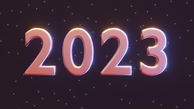 2023 Neujahrszahlen, 3D-Render mit Neonbeleuchtung