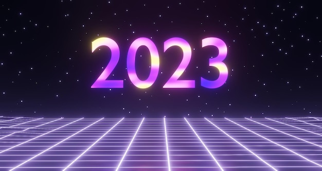 2023 Neujahrszahlen, 3D-Render mit Neonbeleuchtung