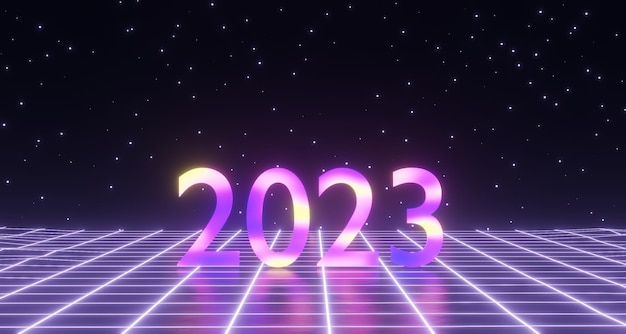 2023 Neujahrszahlen, 3D-Render mit Neonbeleuchtung