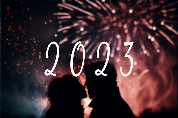 2023 Text und Silhouette eines Paares mit Neujahrsfeuerwerk im Hintergrund