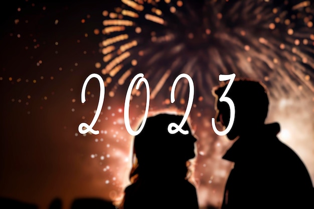 2023 Text und Silhouette eines Paares mit Neujahrsfeuerwerk im Hintergrund