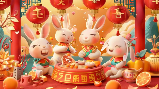 2023 Uma bandeira CNY exibindo três coelhos celebrando o ano novo dentro de uma mesa de telhas de mahjong lanternas mandarinas e lingotes Tradução Coelho de jade dá as boas-vindas à primavera