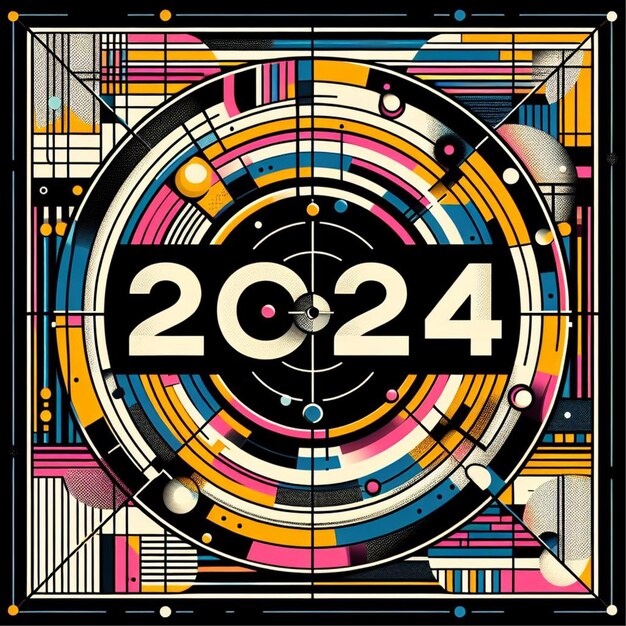 2024 Abstracto: ano colorido, gradiente, pontos vibrantes, ilusão óptica, círculo, desenho artístico, texto.