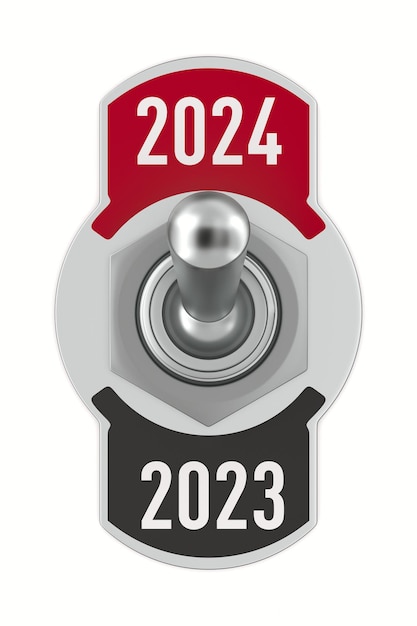 Foto 2024 año nuevo interruptor de palanca sobre fondo blanco ilustración 3d aislada