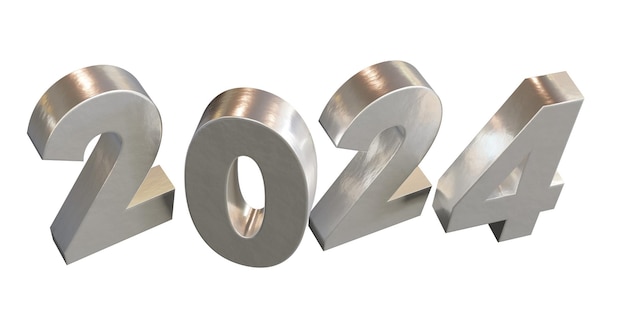 2024 Año Nuevo metal plateado aislado sobre fondo blanco vista superior 3d render