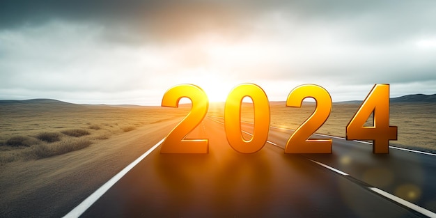 2024 Año Nuevo viaje por carretera viaje y concepto de visión futura Paisaje natural con carretera que conduce a la celebración de feliz año nuevo a principios de 2024 Año nuevo 2024 o concepto sencillo