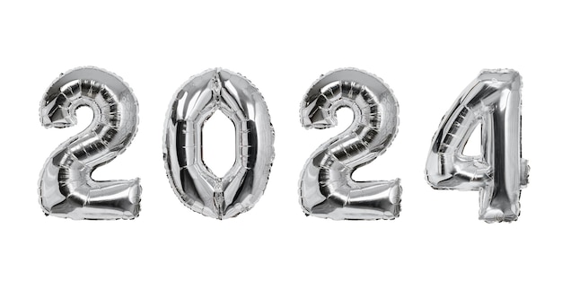 2024 Anzahl von silbernen Ballons Isoliert auf weißem Hintergrund Neujahrskonzept