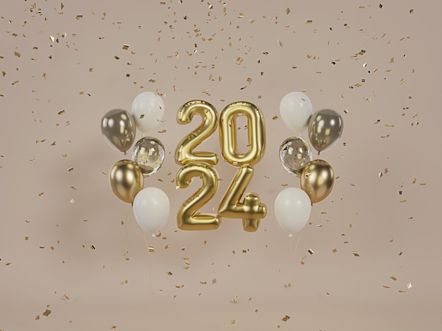Foto 2024 ballons text für weihnachten und neujahrsfest metallische goldfolie-ballons 3d-illustration