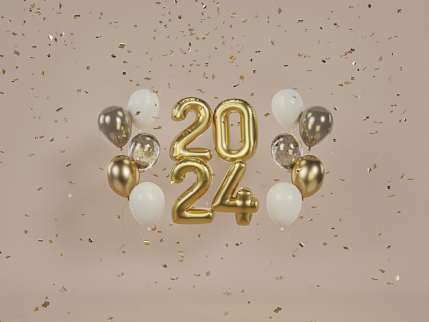2024 Balões Texto para o festival de Natal e Ano Novo Balões de folha de ouro metálico Ilustração 3D