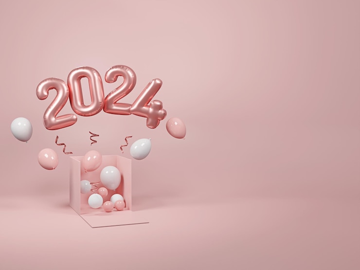 2024 Balones Texto para el festival de Navidad y Año Nuevo Balones metálicos de lámina de oro Rose renderizado en 3D