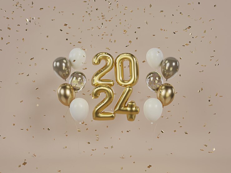 2024 Balones Texto para el festival de Navidad y Año Nuevo Balones de papel de oro metálico Ilustración 3D