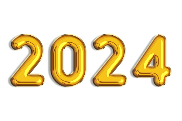 2024 Banner realista 3d oro globos de helio logo color dorado Números aislados sobre fondo blanco Letras Cartel de vacaciones Concepto de fecha de calendario Tarjeta de felicitación Gráfico fuente de oro texto brillante