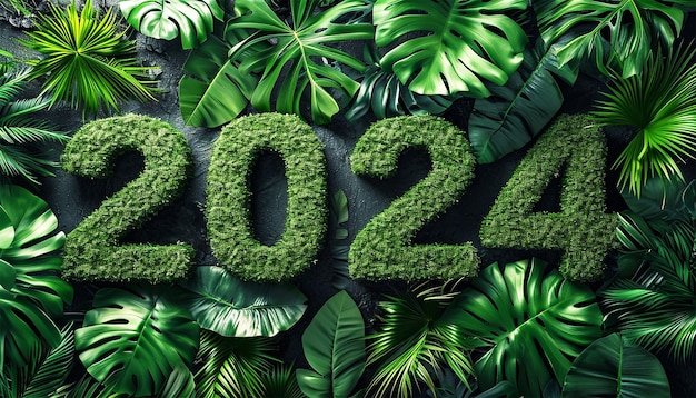 "2024 feito de folhas, layout criativo, fundo natural, ano novo, renderização em 3D de letras feitas de grama e flores, banner de 2024 isolado em branco, conceito de ambiente verde."""