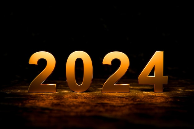 2024 feliz ano novo conceito Ouro 2024 em fundo escuro Comece o ano novo 2024 com plano de meta conceito de meta plano de ação estratégia ano novo visão de negócios renderização em 3d